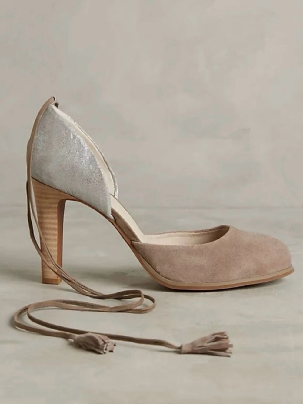 Seychelles Taupe Suede Tie-Ankle Heels with Silver Accent